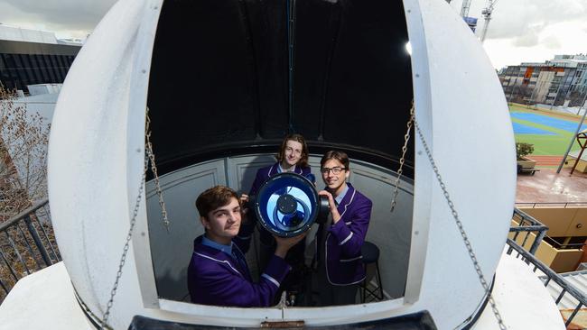 Christian Brothers College Year 11 students Alistair, Matthew and Jacob in the school observatory. Picture: AAP / Brenton Edwards