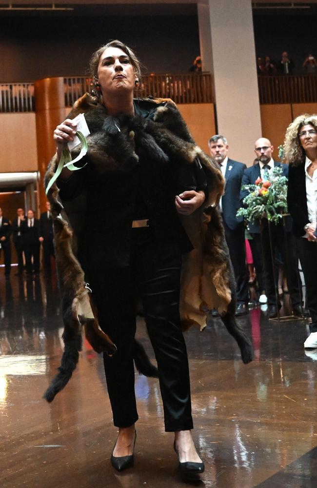 Australian Senator Lidia Thorpe disrupted proceedings during a parliament reception. Picture: Lukas Coch-Pool/Getty Images