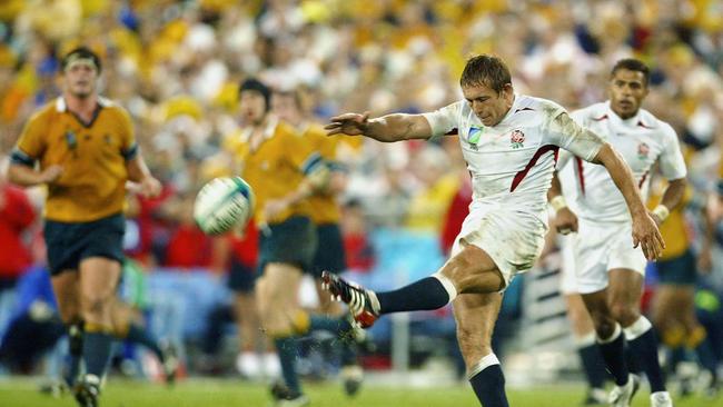 England’s Jonny Wilkinson kicked the winning drop kick goal in the 2003 Rugby World Cup final against Australia at the Olympic Stadium in Sydney.