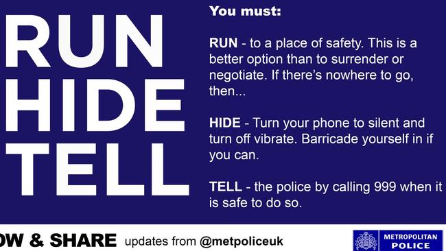 A Twitter image from the Metropolitan Police in London urging people to RUN HIDE and TELL. Source: Twitter.