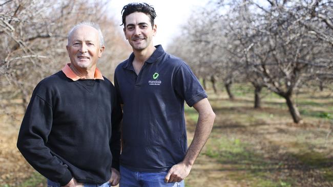 Divide and conquer: Denis and Dean Dinicola on their almond farm at Lake Wyangan, near Griffith. Picture: Brett Naseby