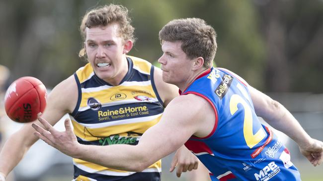 SFL, Huonville James McIndoe and Sorell Brayden Carter at Pembroke Park. Picture Chris Kidd