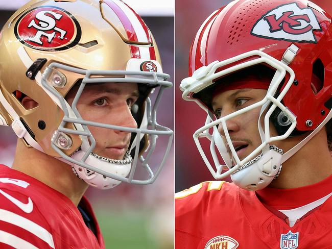 (COMBO) This combination of pictures created on January 28, 2024 shows Quarterback Brock Purdy #13 of the San Francisco 49ers (L) on December 17, 2023 in Glendale, Arizona and Quarterback Patrick Mahomes #15 of the Kansas City Chiefs (R) on December 10, 2023 in Kansas City, Missouri. The San Francisco 49ers produced a stunning second-half fightback to beat the Detroit Lions 34-31 and reach their second Super Bowl in four years on February 28, 2024. The 49ers set up a rematch of the 2020 Super Bowl against Kansas City after recovering from a 24-7 halftime deficit to score 27 points and seal a dramatic NFC Championship victory in Santa Clara. (Photo by Christian Petersen and JAMIE SQUIRE / GETTY IMAGES NORTH AMERICA / AFP)