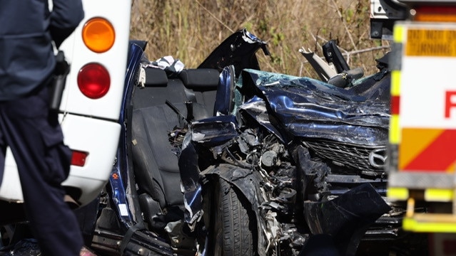 The badly damaged Mazda following a crash on Sunday. Picture: Peter Wallis.