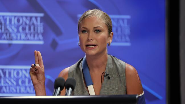 Grace Tame addressing the media at the National Press Club on Wednesday. Picture: Gary Ramage