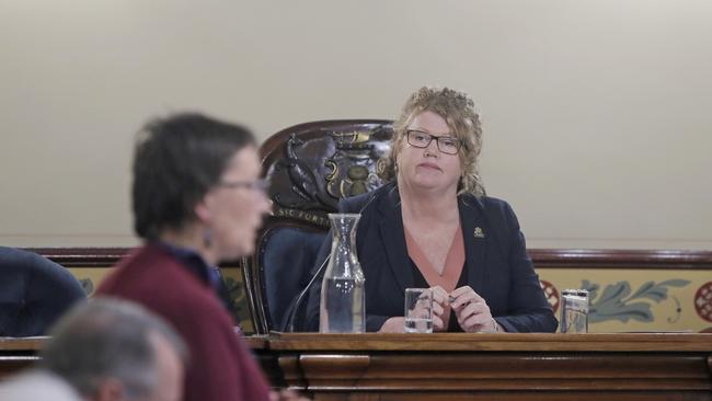 Hobart Lord Mayor Anna Reynolds looks on as Deputy Lord Mayor Helen Burnet speaks. Picture: PATRICK GEE