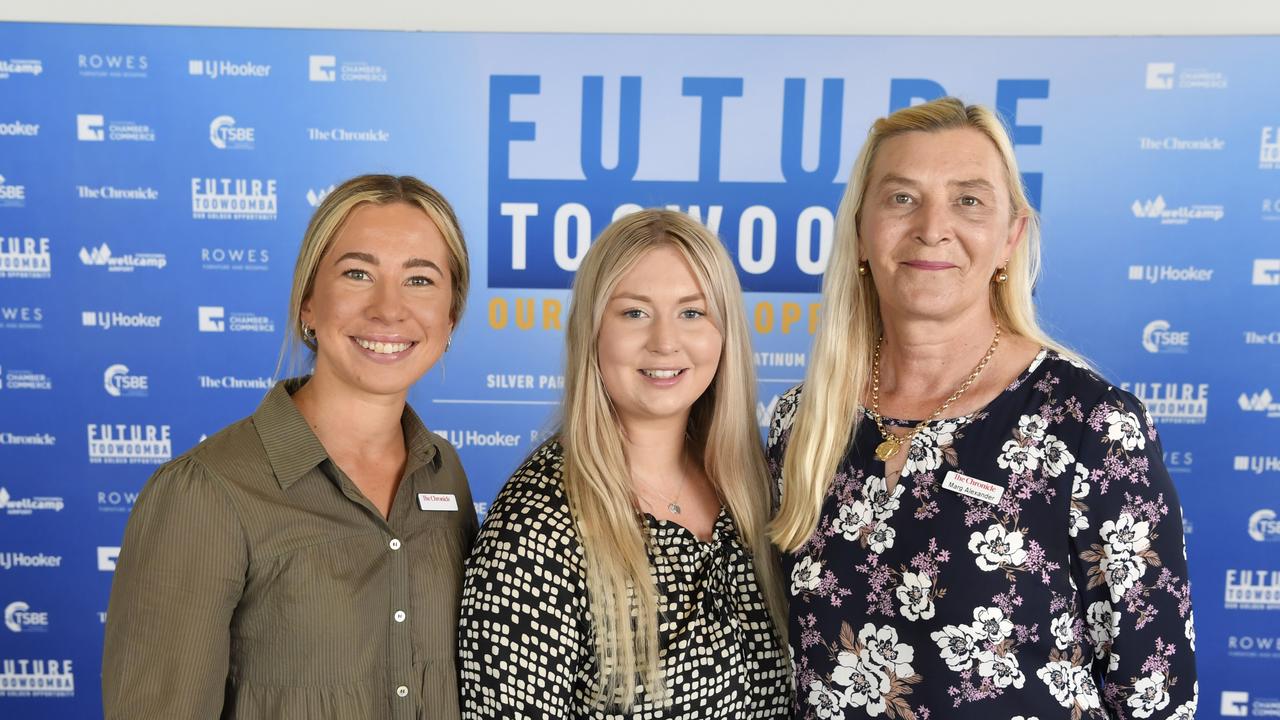 At the Future Toowoomba lunch are (from left) Jordan McGrath, Skye Prasser and Marg Alexander of The Chronicle at Wellcamp Airport, Friday, December 3, 2021. Picture: Kevin Farmer