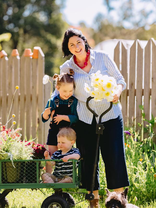 Flower Trail Janae Paquin-Bowden runs a flower farm Fleur de Lyonville, with her husband Chris and kids Gigi, 3 and Atticus, 1, and dog Peggy. Photo by Chloe Smith Photo by Chloe Smith.