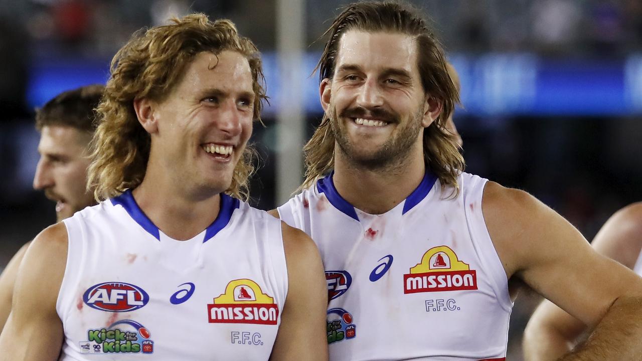 Bulldogs forward pairing Aaron Naughton and Josh Bruce have a laugh after the Doggies’ demolition of St Kilda. Picture: AFL Photos/Getty Images