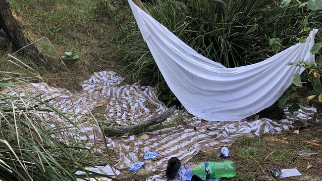 A homeless 'camp' in the dunes at Broadbeach.