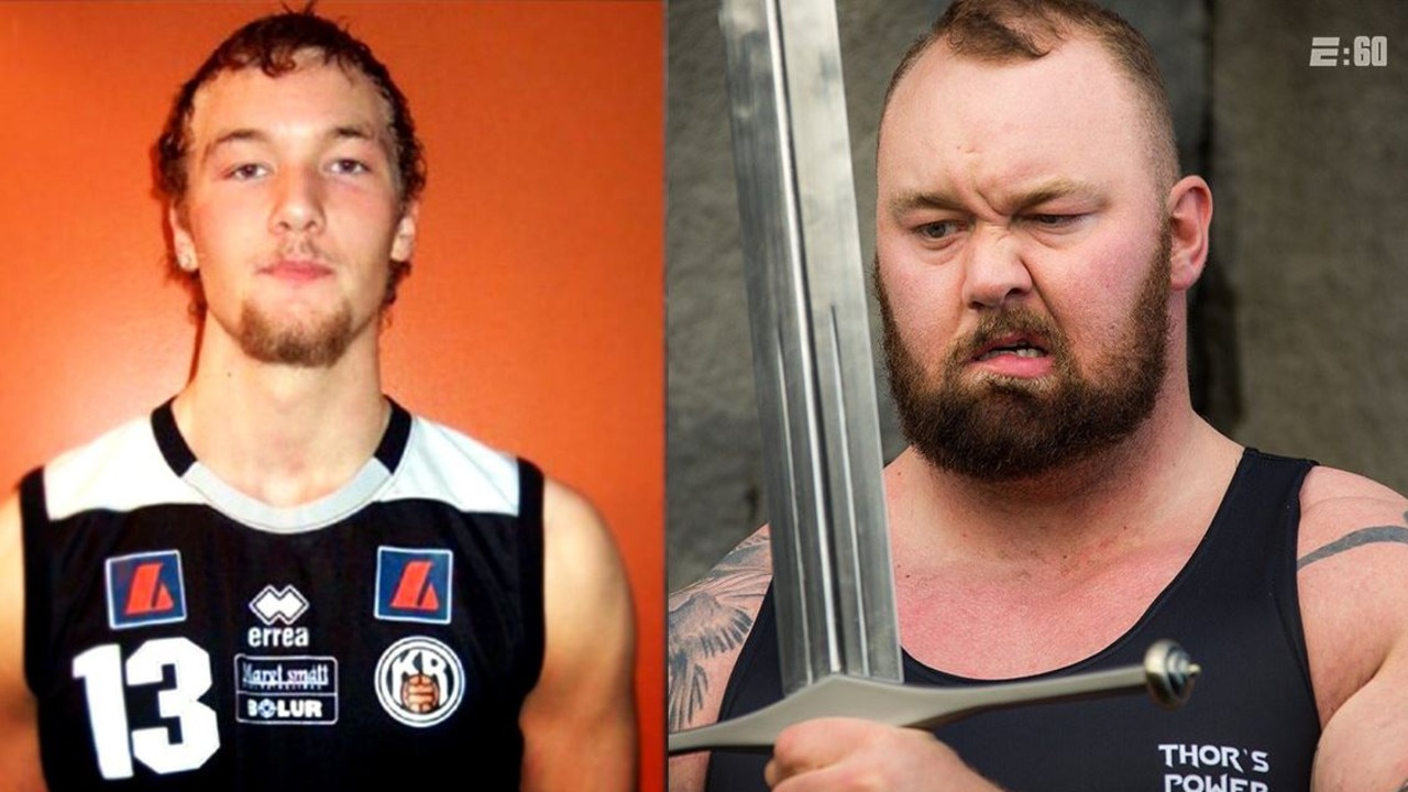 Hafthor Bjornsson as a basketball junior and as The Mountain.