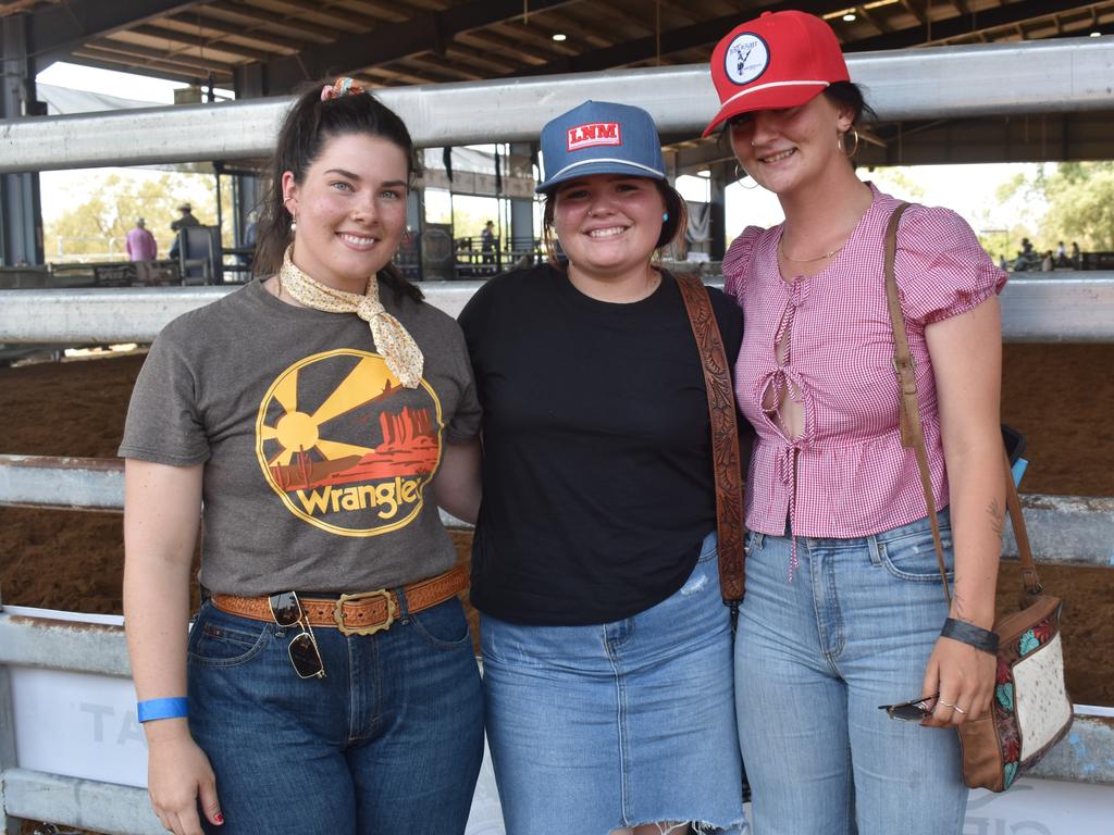 Clermont's Claire Lawrence and Emma Harvey with Taroom's Shai Watson at the APRA National Finals Rodeo at CQLX Gracemere on November 9, 2024.