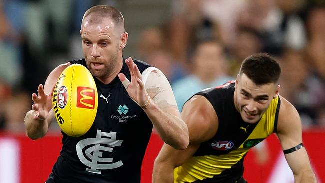 Sam Docherty playing for Carlton in the first round of this year’s AFL season. Photo by Michael Willson/AFL Photos via Getty Images