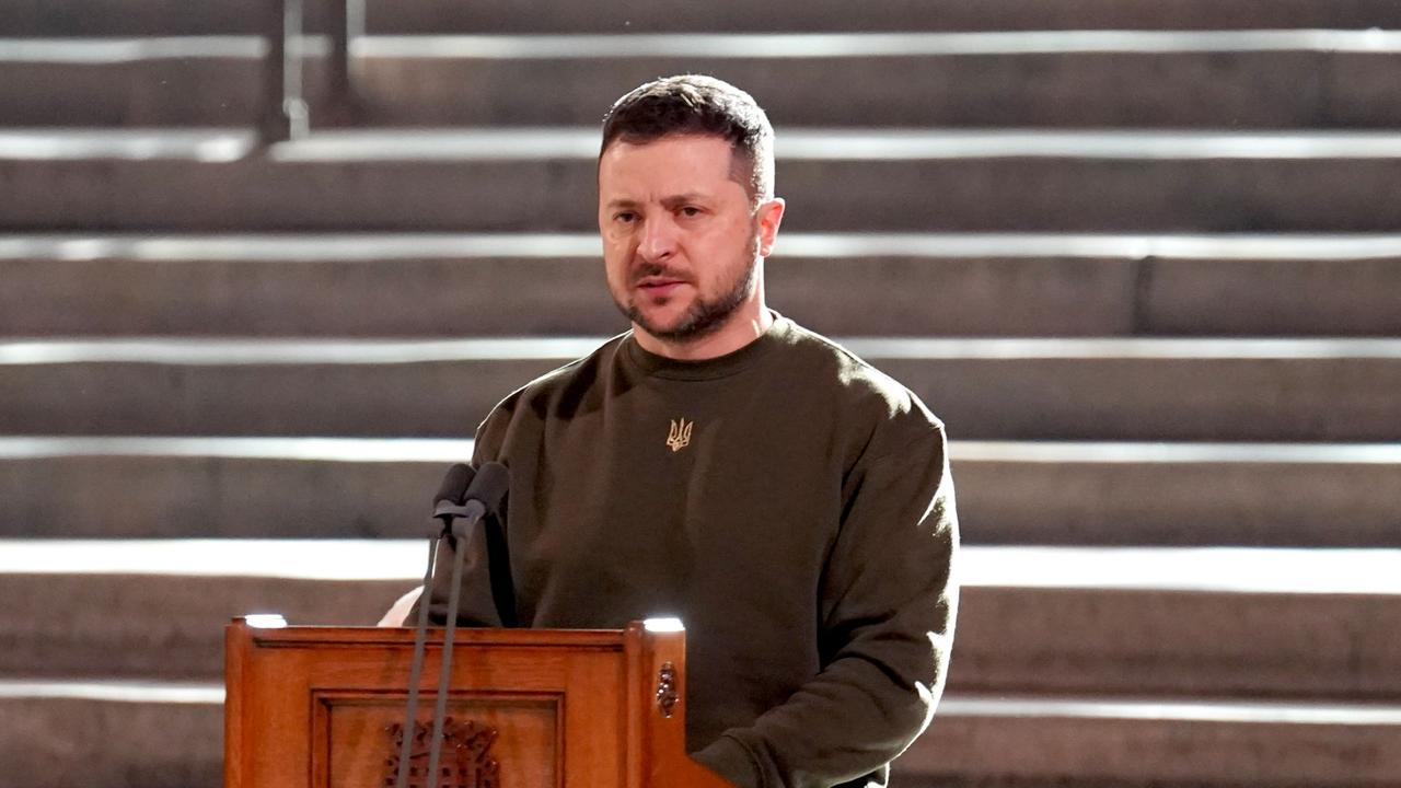 Ukrainian President, Volodymyr Zelensky, addresses parliamentarians in Westminster Hall in London. Picture: Getty Images