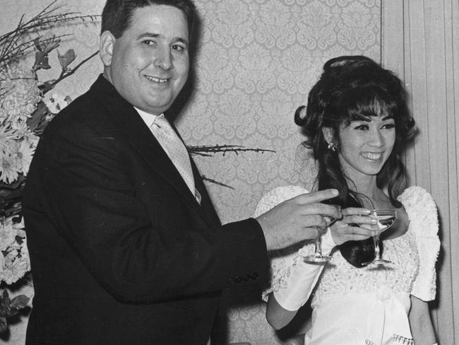 Lord Anthony Moynihan and his third wife, Manila dancer Luz de la Rossa Fernandez, celebrating their wedding at the reception at the House of Lords on May 1, 1968. Picture: McCarthy/Express/Getty Images