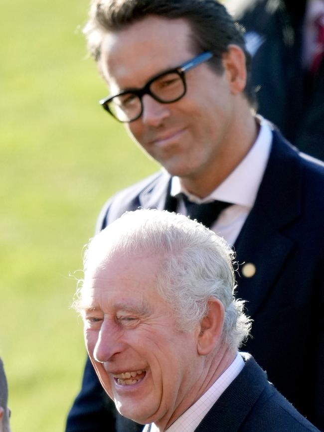 King Charles and Ryan Reynolds talk to players during their visit to Wrexham AFC. Picture: Getty Images