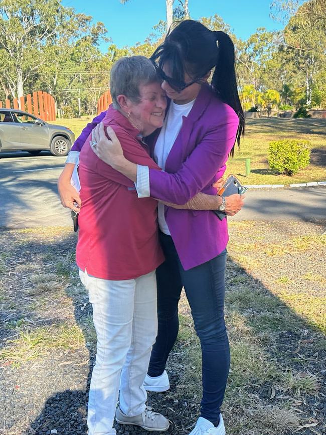 Ali Clarke and her mum Mary Cale at the Brisbane cemetery where Ali confirmed her long-lost father was buried in an unmarked grave. Picture: Supplied