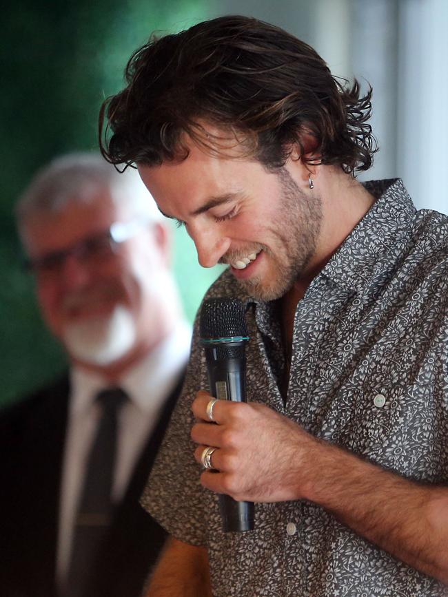 Grandson Sam Mossop speaks at the service. Picture: Richard Gosling.