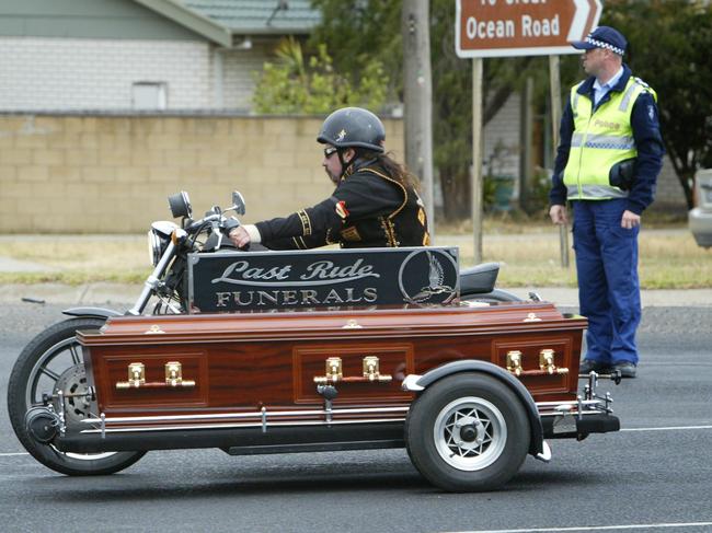 Ross Brand's final ride in a side-car to the funeral.