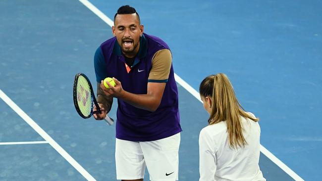 Nick Kyrgios argues with the chair umpire on John Cain Arena Picture: AFP