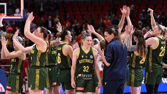 The Opals celebrate their hard-fought win. Picture: AFP