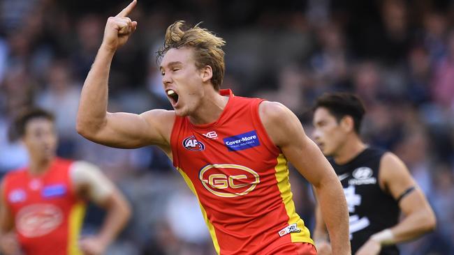 Tom Lynch celebrates a goal against Carlton.