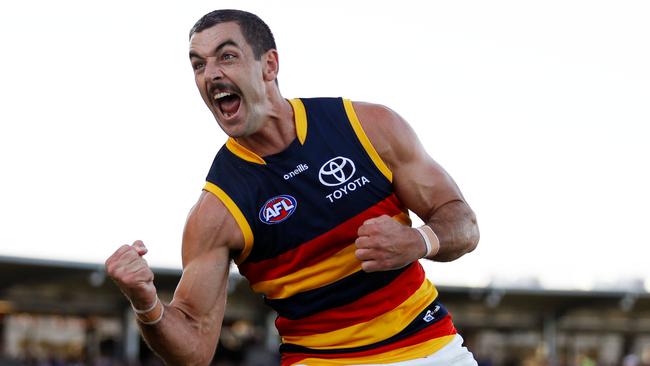 Taylor Walker celebrates the winning goal against the Western Bulldogs at Mars Stadium. Picture: Dylan Burns/AFL Photos via Getty Images