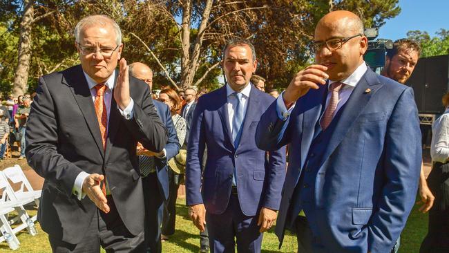 EMBARGO FOR TWAM 12 OCT 2019  NO REUSE WITHOUT PERMISSIONPlans for a Ònext-gen mega steel plantÓ which would be the biggest of its type in the western world have been announced as part of Sanjeev GuptaÕs ÒBig RevealÓ at Whyalla. Prime Minister  Scott Morrison with Premier of South Australia Steven Marshall  and Sanjeev Gupta . Picture: Tom Huntley   . Picture: Tom Huntley