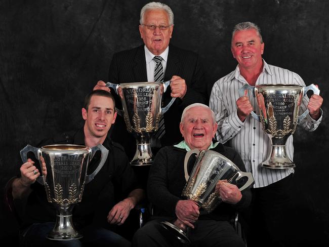 Collingwood’s living premiership captains Nick Maxwell (2010), Murray Weideman (1958), Lou Richards (1953) and Tony Shaw (1990). Picture: George Salpigtidis