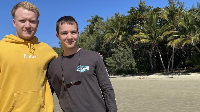 Victorian tourists (L-R) Mason Pedretti and Noah Bentley enjoying their holiday in Port Douglas. Photo: Mark Murray.