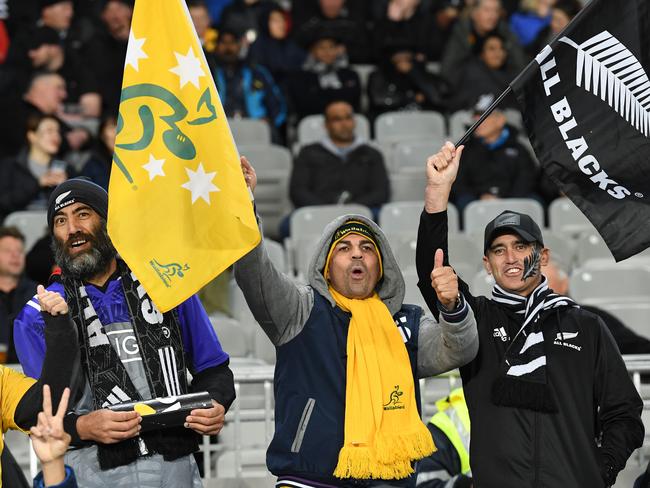 Fans are seen prior to the Bledisloe Cup match between the New Zealand All Blacks and the Australian Wallabies at Eden Park in Auckland, New Zealand, Saturday, August 17, 2019. (AAP Image/Dave Hunt) NO ARCHIVING, EDITORIAL USE ONLY