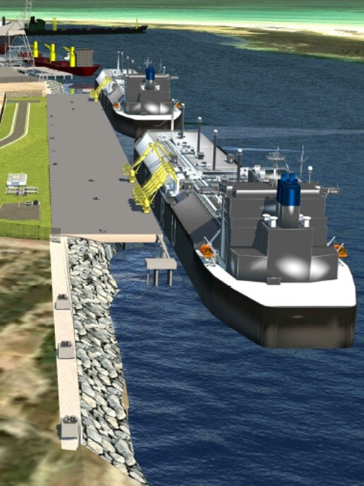 An artist’s impression of the proposed LNG import terminal at Adelaide’s Outer Harbor.