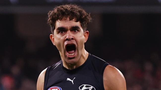 MELBOURNE, AUSTRALIA - Augus 12 , 2023. AFL .      Jack Martin of the Blues celebrates a 2nd quarter goal during the round 22 match between Carlton and  Melbourne at the MCG in Melbourne.   Photo by Michael Klein.