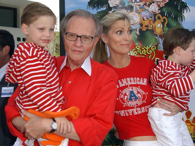 Larry King and his wife Shawn Southwick with their sons Chance and Cannon in 2003. Picture: AFP
