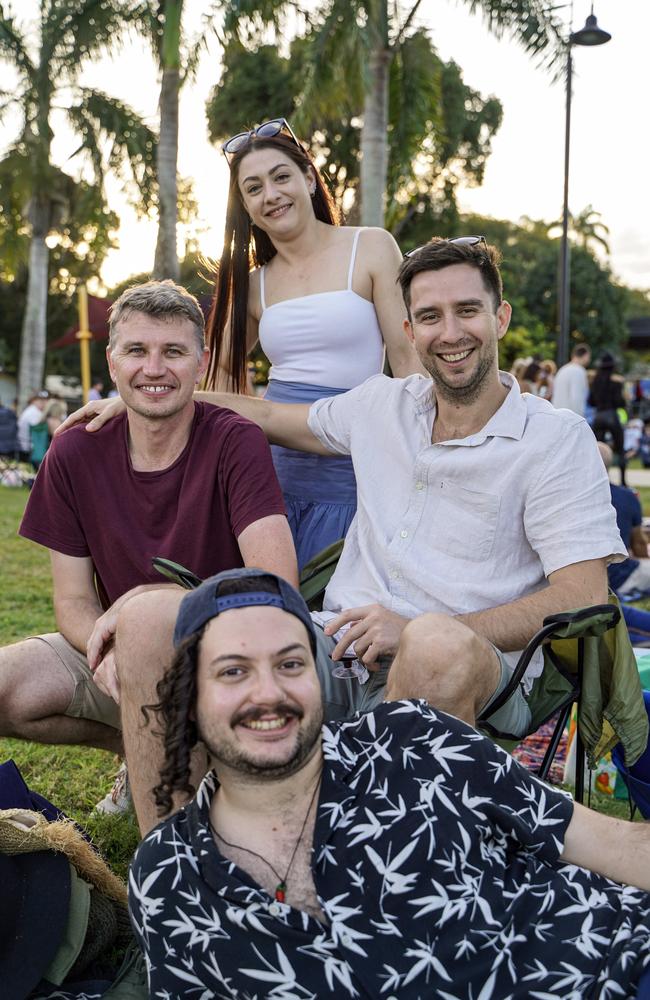 Justin Thomas, Emma Langford, Brogan Jones and Andrew Dibella (front) at the G&amp;S Engineering Wine and Food Day in Queens Park, Mackay, Saturday, July 17, 2021. Picture: Heidi Petith