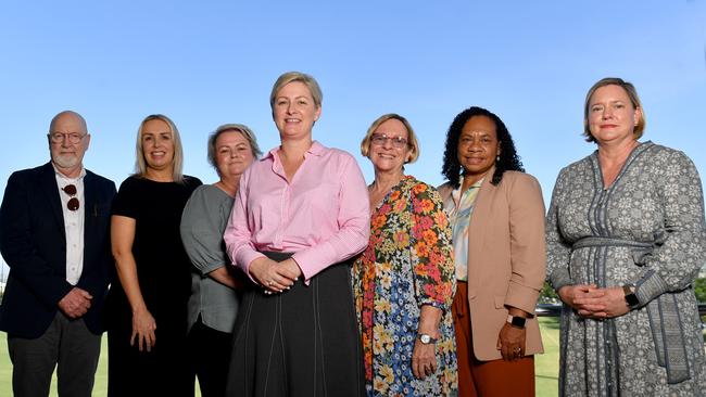 Minister for the Prevention of Domestic and Family Violence Amanda Camm (centre) with members of the newly appointed indepentant Domestic and Family Violence Advisory Panel Dr Brian Sullivan, Kelli Martin, Elise Feltham, Associate Professor Heather Lovett, Wynetta Dewis and Belinda Drew in Townsville. Picture: Evan Morgan