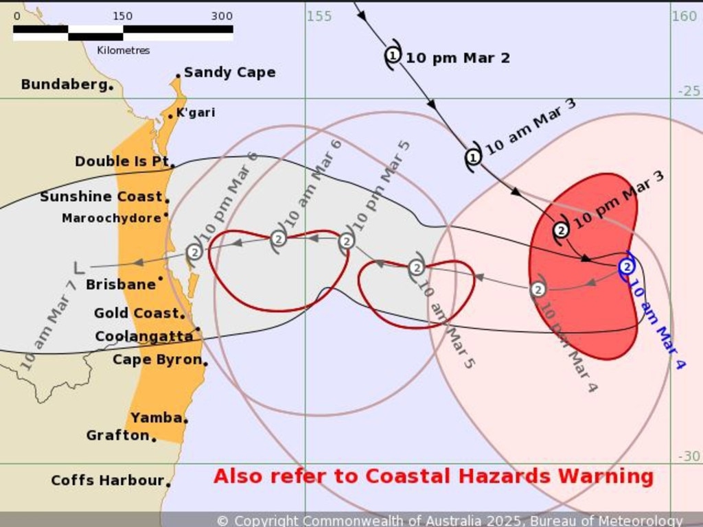 Tropical Cyclone Alfred has been predicted to hit South-East Queensland on Saturday morning. Photo: Bureau of Meteorology