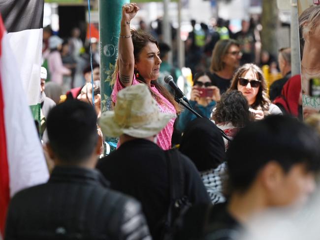 Senator Lidia Thorpe addresses the crowd at a pro-Palestinian rally in Melbourne. Picture: Tony Gough