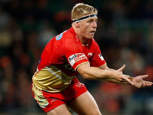 PERTH, AUSTRALIA - AUGUST 02: Max Plath of the Dolphins passes the ball across the field during the round 22 NRL match between Dolphins and Sydney Roosters at HBF Park, on August 02, 2024, in Perth, Australia. (Photo by James Worsfold/Getty Images)