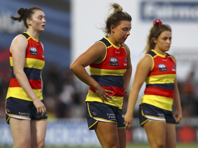 AFLW - Adelaide Crows v Brisbane Lions at Coopers Stadium (Norwood Oval) Sarah Allan, Ebony Marinoff and Georgia Bevan after the loss. Picture Sarah Reed