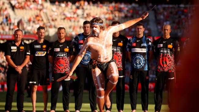 A welcome to country in the barefoot circle is performed during the BBL match between Perth Scorchers and Adelaide Strikers at Optus Stadium, on January 03, 2024. Picture: Getty Images