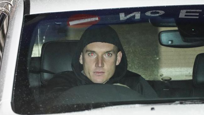 Richmond star Dustin Martin arrives at Marvel Stadium in Melbourne for coronavirus testing. Picture: AAP