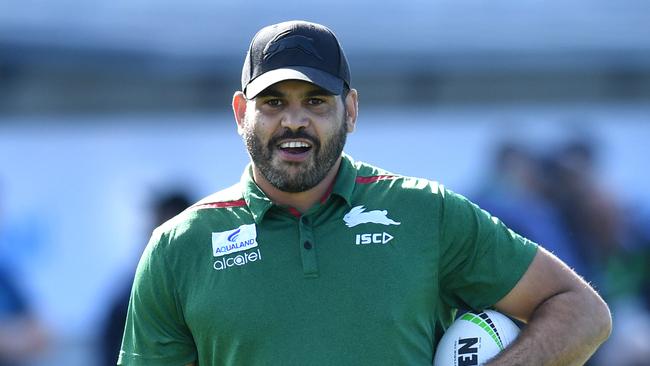 Injured Souths player Greg Inglis is seen before the Round 5 NRL match between the South Sydney Rabbitohs and the New Zealand Warriors at Sunshine Coast Stadium on the Sunshine Coast, Saturday, April 13, 2019. (AAP Image/Darren England) NO ARCHIVING, EDITORIAL USE ONLY