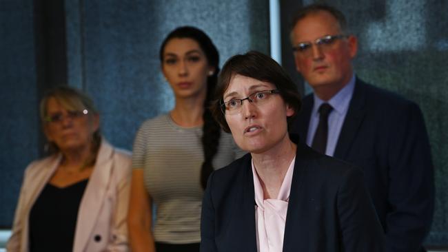 Dr Kirsty Wright talks to the media watched by Shandee’s mother Vicki and sister Shannah and Hedley Thomas. Picture: Lyndon Mechielsen