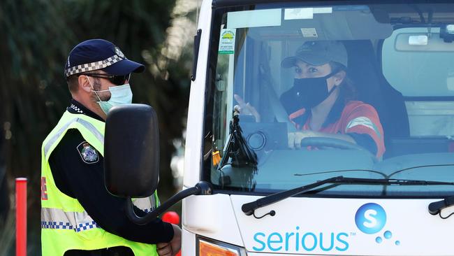 Police patrolling the border on Griffith St at Coolangatta. Picture: Nigel Hallett