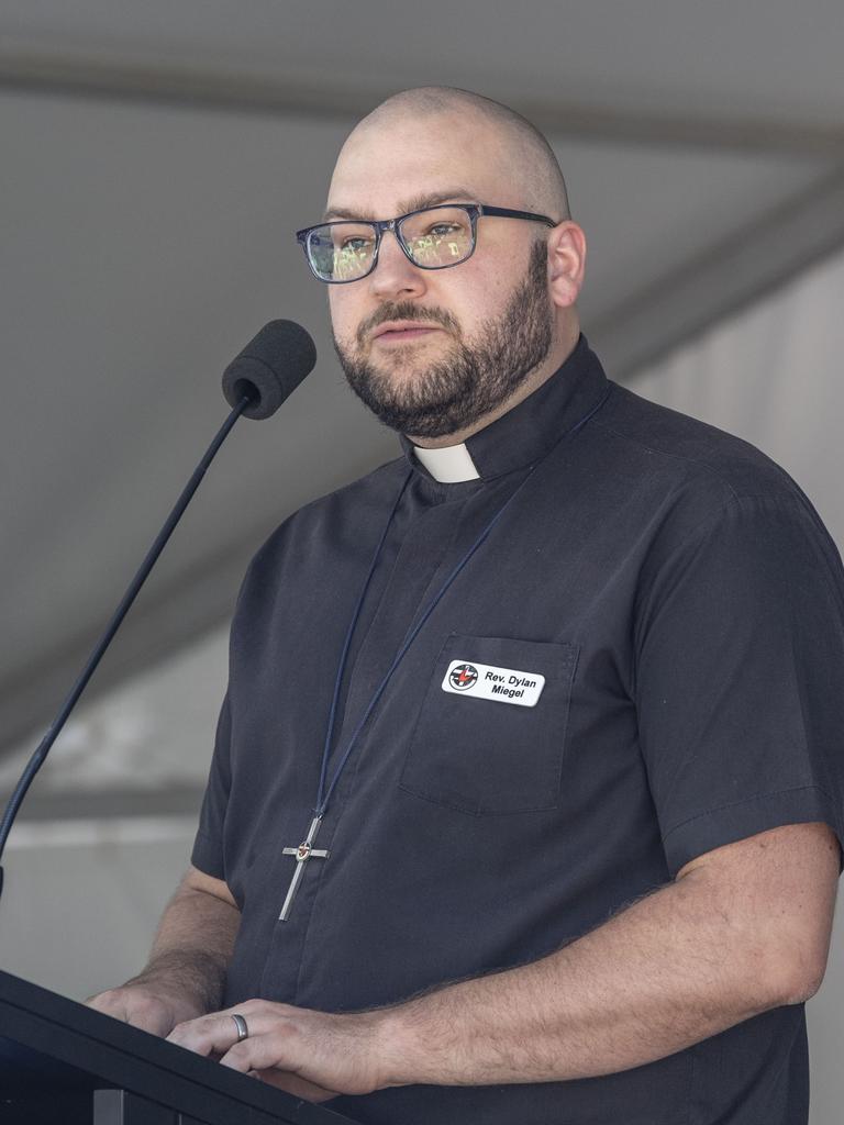 Rev Dylan Miegel delivers the prayer. Australia Day celebrations at Picnic Point in Toowoomba. Thursday, January 26, 2023. Picture: Nev Madsen.