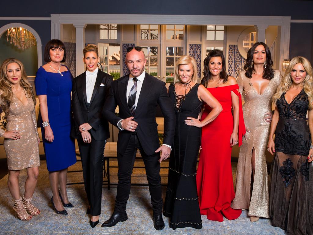 Alex Perry hosted the RHOS Season 1 reunion with stars (from left to right): Matty Samaei, Lisa Oldfield, AthenaX Levendi, Victoria Rees, Nicole O'Neil, Krissy Marsh and Melissa Tkautz. Picture: Picture: Foxtel