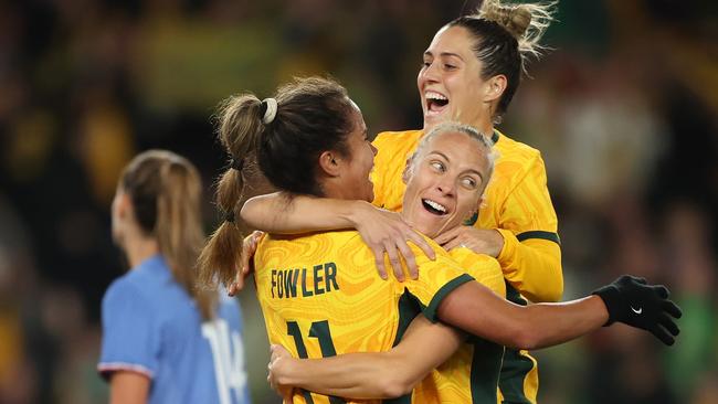 Tameka Yallop celebrates Mary Fowler’s goal on Friday night. Picture: Robert Cianflone/Getty Images