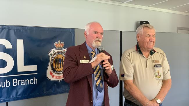 Ken Higgins (left) gives a speech celebrating the service of Ray Higgins. Picture: Duncan Evans