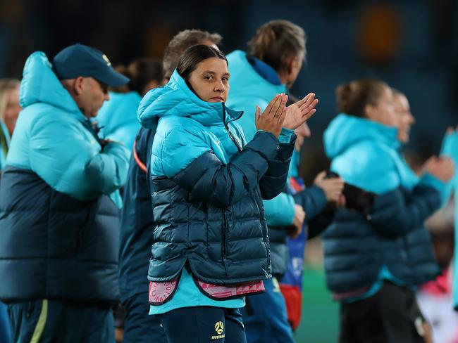 Injured Matildas captain Sam Kerr applauds the fans after Australia’s 1-0 win over Ireland. Picture: Cameron Spencer/Getty Images